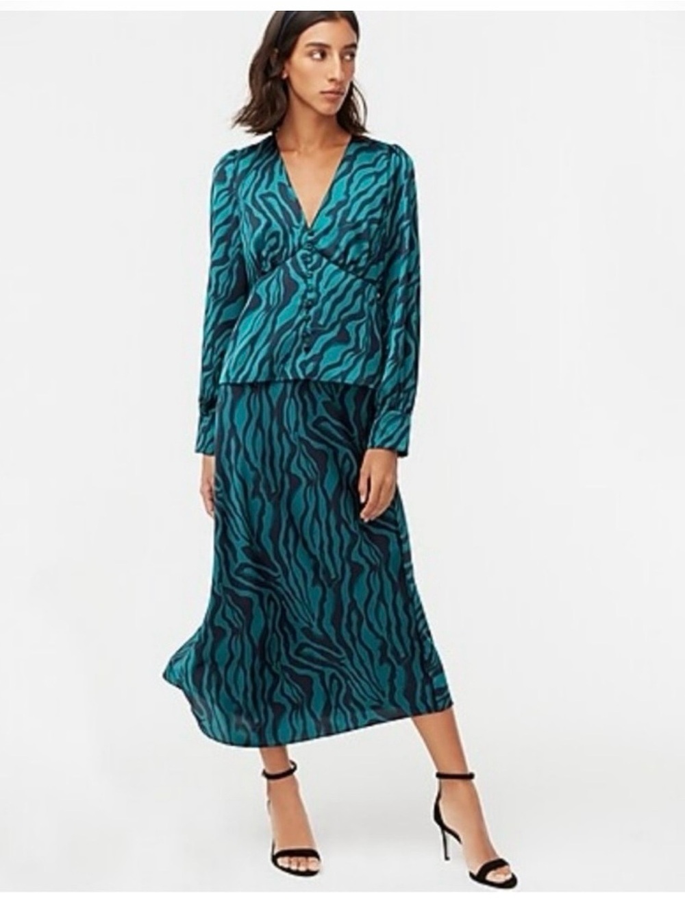 J. Crew Teal and Black Zebra-Print Midi Skirt